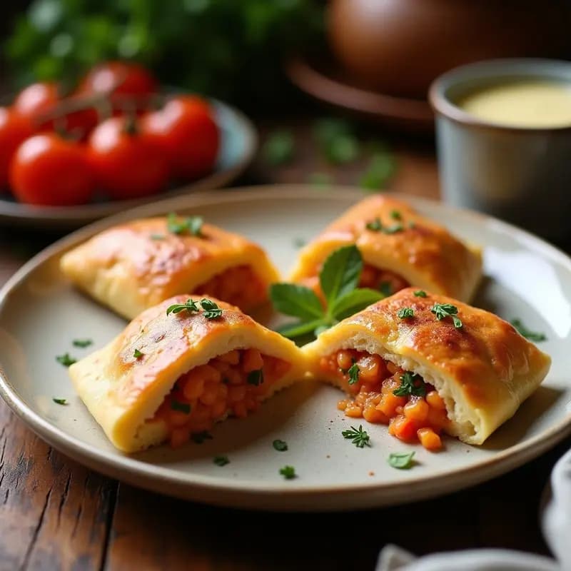 Tortas de gazpacho doradas y gruesas rellenas de ventresca de atún desmenuzada con huevo y especias, servidas en un plato de barro rústico con fondo de madera. Desayuno manchego tradicional.