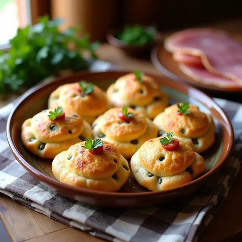 Tortas de habas con jamón y queso de la sierra extremeña, doradas y esponjosas, servidas en un plato de barro rústico con perejil fresco espolvoreado, ideal para llevar al campo.