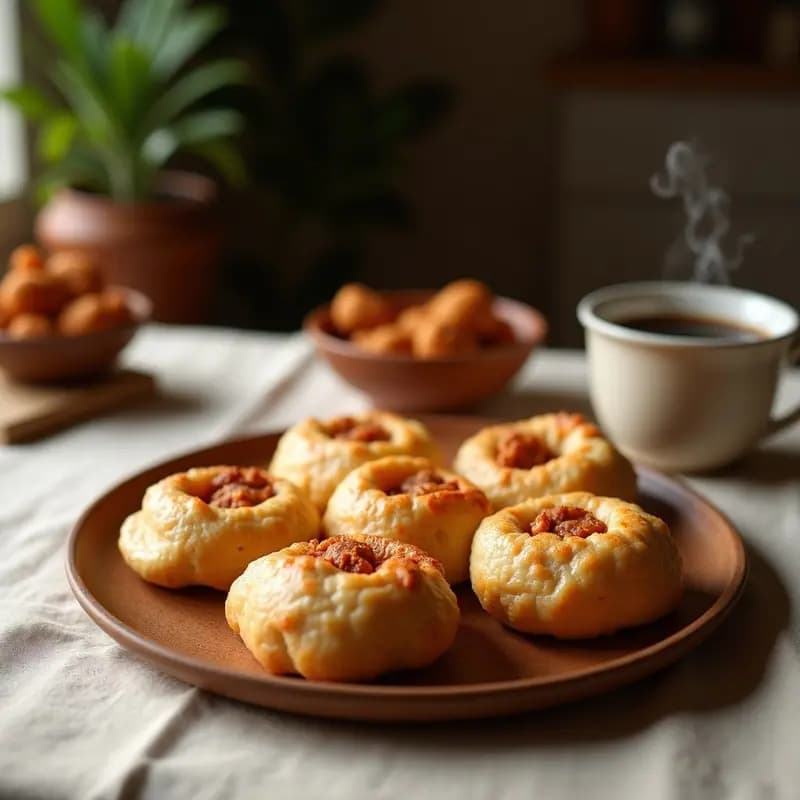 Plato de madera rústico con tortas de harina con chicharrones doradas y crujientes, servidas en un paño de lino blanco, con chicharrones visibles en su interior. Receta tradicional extremeña para desayunar.