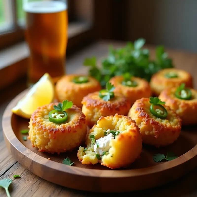 Plato rústico de madera con tortas doradas de harina de garbanzo, rellenas de bacalao desmenuzado y trozos de pimientos verdes, servidas con rodajas de limón y perejil fresco. Tapa gaditana sin gluten crujiente por fuera y esponjosa por dentro.