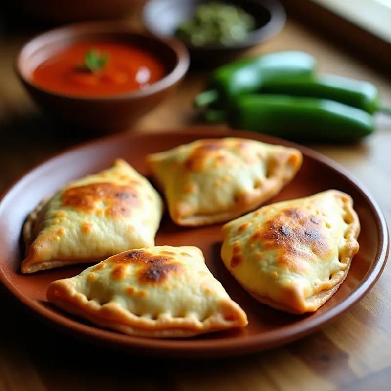 Tortas de harina canarias doradas y crujientes rellenas de sarda y pimiento, servidas en un plato de barro rústico con un poco de mojo picón al lado. Receta tradicional de empanadas canarias de atún en airfryer.