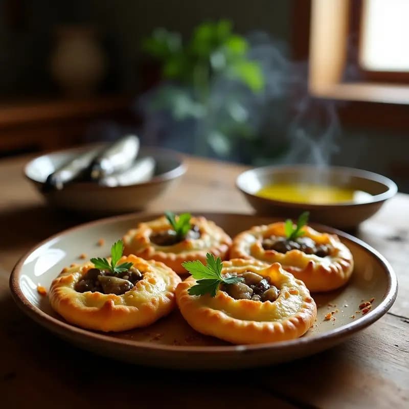 Tortas de harina con sardinas en aceite doradas y crujientes, servidas en un plato rústico de barro con un toque de perejil fresco. Aperitivo canario tradicional y rápido.