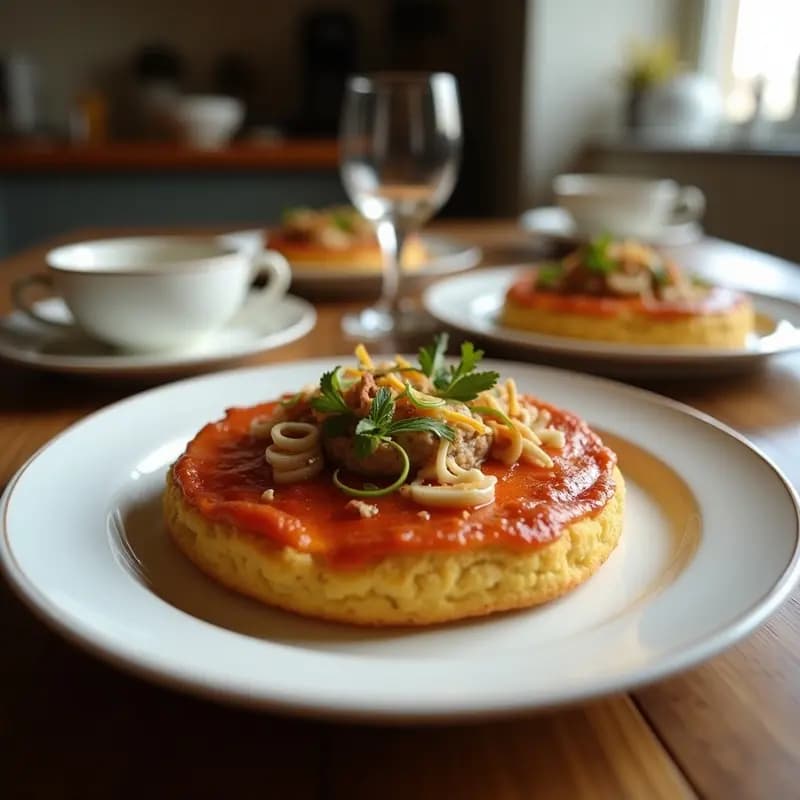 Tortas de harina doradas y crujientes rellenas de sardinas desmenuzadas con cebolla morada, servidas en un plato de barro rústico sobre una mesa de madera con un café humeante al fondo, receta tradicional canaria.