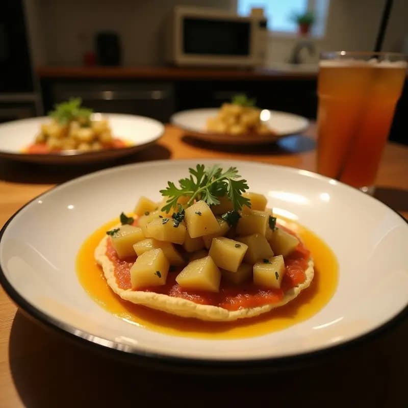 Plato con tortas de maíz doradas y esponjosas, coronadas con ceviche de choclo fresco, palta en cubos, tomate y cebolla morada, bañadas en leche de tigre cítrica. Receta colombiana sin lactosa, fresca y colorida.