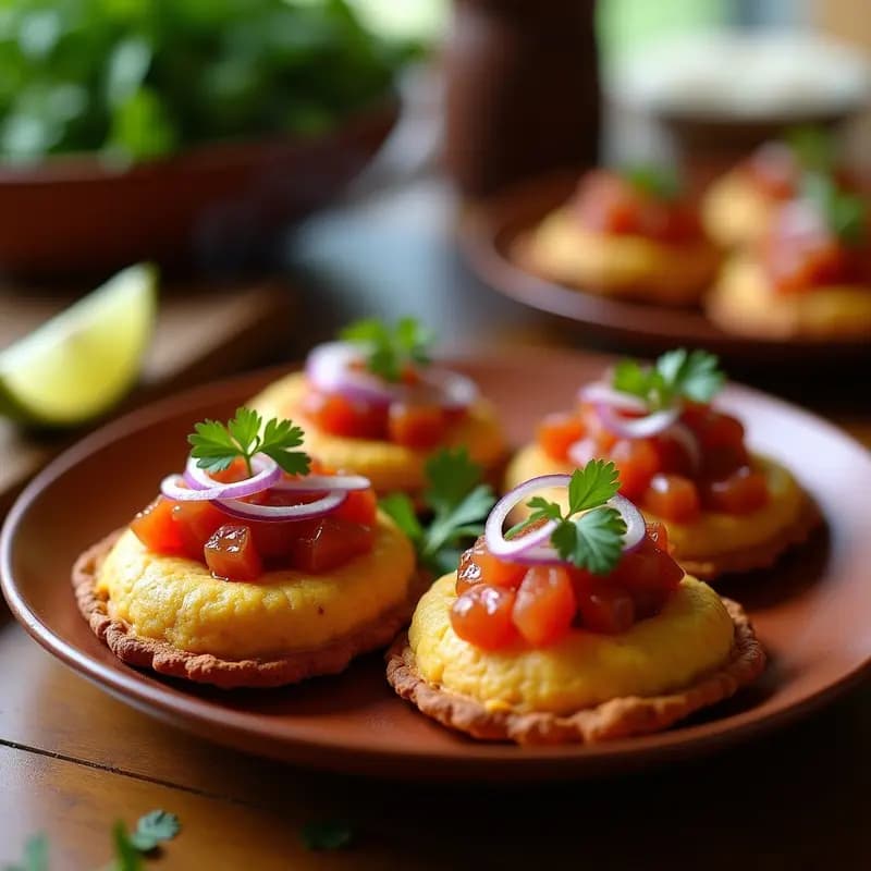 Tortas de maíz doradas y crujientes con trozos de chicharrón en su interior, servidas en un plato de barro con salsa criolla fresca de cebolla morada, tomate y cilantro. Receta peruana en airfryer.