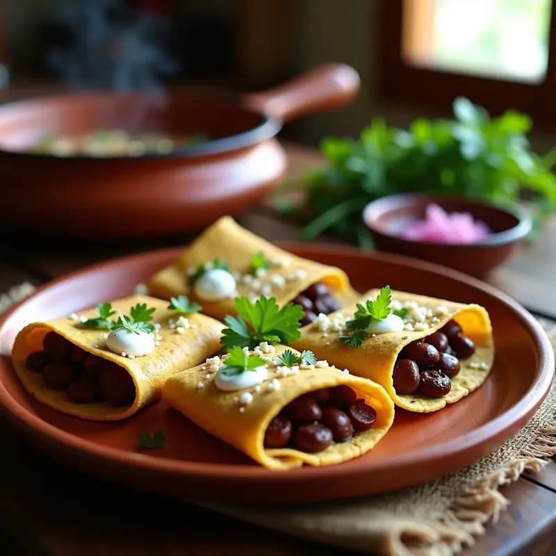 Plato tradicional mexicano con tortas de maíz azul recién hechas en comal, rellenas de chorizo dorado con cebolla, frijoles negros refritos, queso fresco desmenuzado y un chorrito de crema ácida, servidas sobre un mantel de tela rústico.