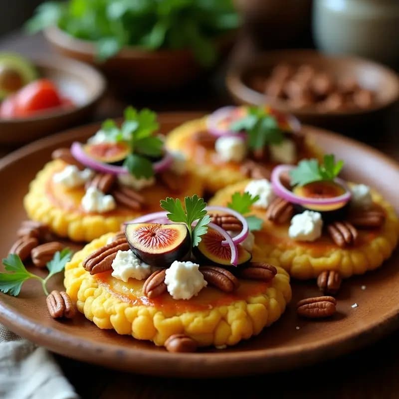 Plato rústico de madera con tortas de maíz doradas en sartén, cubiertas con queso de cabra desmenuzado, higos frescos caramelizados, cebolla morada y nueces pecanas tostadas, decorado con cilantro fresco.