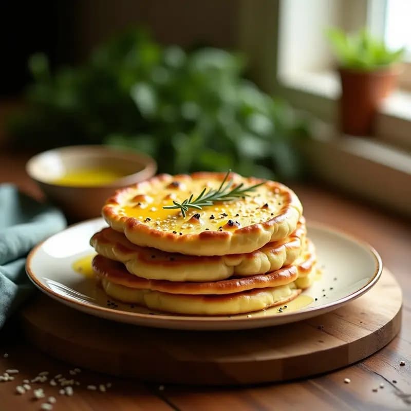 Tortas de pan casero doradas con hierbas provenzales y semillas de sésamo, apiladas en una tabla de madera rústica, receta fácil y aromática.
