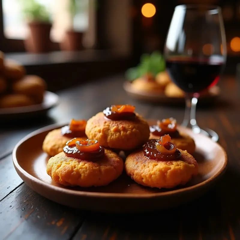Plato rústico de madera con tortas de pan de hígado doradas y crujientes, cubiertas con cebolla caramelizada brillante, servidas como tapa castellana tradicional.