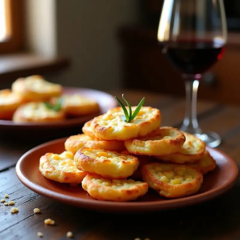 Tortas de panceta y queso de la Serra fritas, doradas y crujientes, con el queso fundido asomando por los bordes, servidas en un plato de barro rústico sobre una mesa de madera con un fondo de paisaje extremeño.