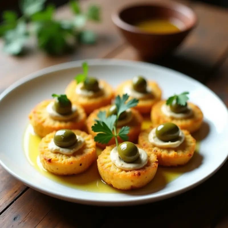 Tortas de papa doradas rellenas de hummus cremoso y aceitunas negras, presentadas en plato de madera con hierbas frescas y pimentón. Aperitivo argentino sin horno.