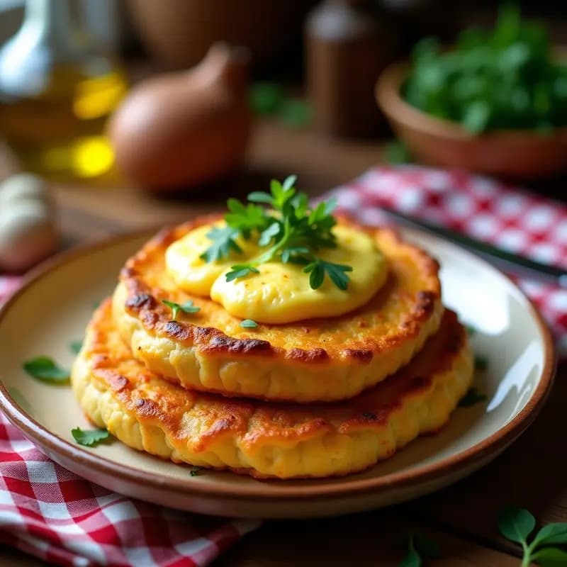 Plato tradicional extremeño con tortas de patatas doradas y crujientes, acompañadas de un revuelto cremoso de huevos con berros frescos, servido en un plato de barro rústico.