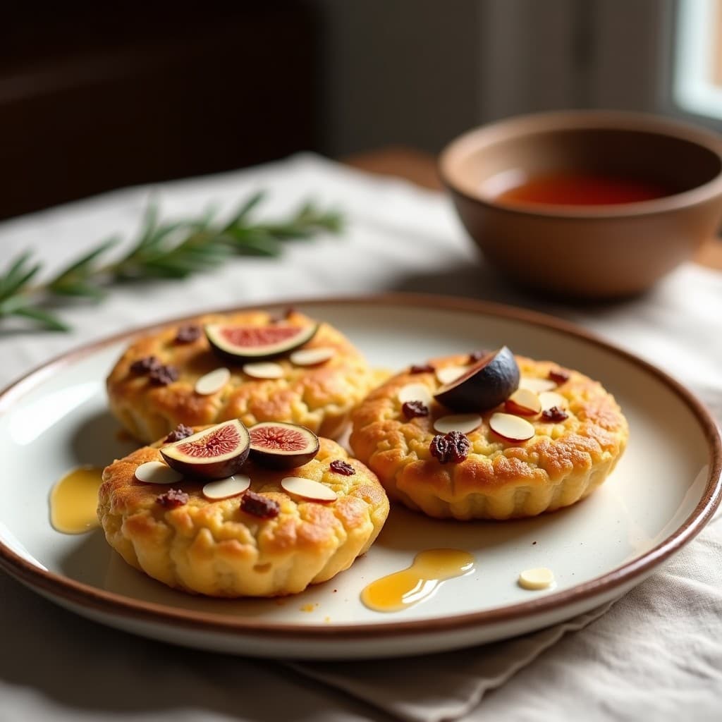 Tortas doradas y esponjosas de harina de teff con trocitos de higos secos y almendras fileteadas, bañadas en miel de agave, servidas en un plato de cerámica rústica sobre un mantel de lino. Desayuno sin gluten y energético.