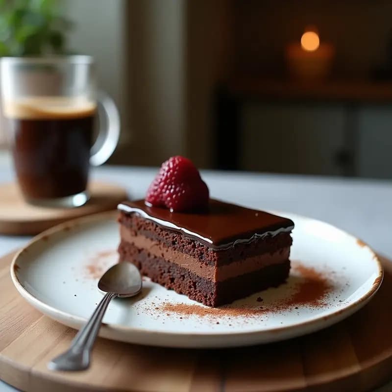 Torte de chocolate y avellanas con ganache de café sin gluten: postre austriaco elegante con base crujiente de avellanas, relleno cremoso de chocolate negro y capa brillante de ganache de café, decorado con avellanas picadas y cacao en polvo.
