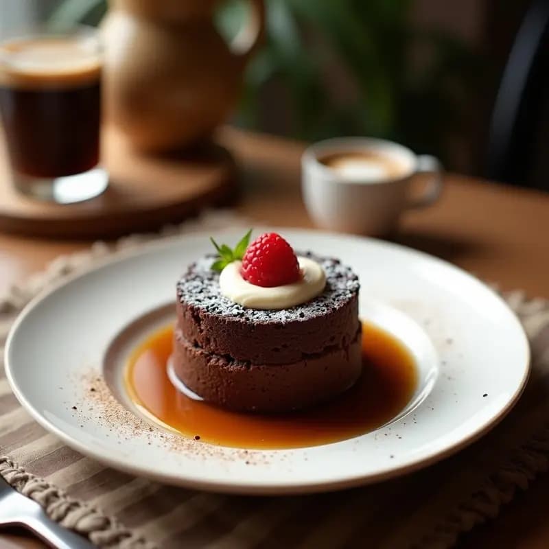 Torte austriaca de chocolate y avellanas sin harina, con superficie lisa y brillante, decorada con avellanas picadas y un hilo de café reducido, servida en plato blanco sobre fondo rústico de madera.