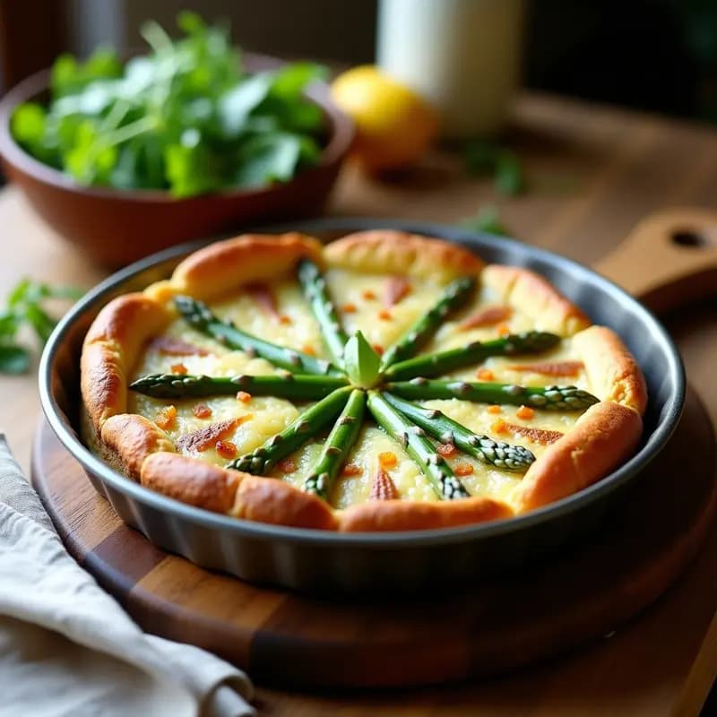 Torte alemana de espárragos con masa dorada de almendra, relleno cremoso de espárragos blancos y verdes, y queso fundido en superficie. Presentada en molde desmontable sobre tabla de madera con ensalada de rúcula al lado.