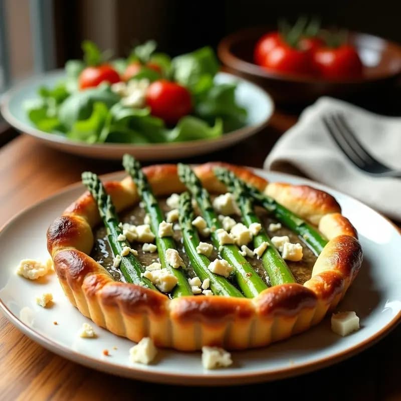 Torte italiana sin gluten de espárragos trigueros y queso de cabra con masa dorada de almendras, servida en plato blanco rústico con ensalada verde y vinagreta, receta gourmet y alta en proteínas.
