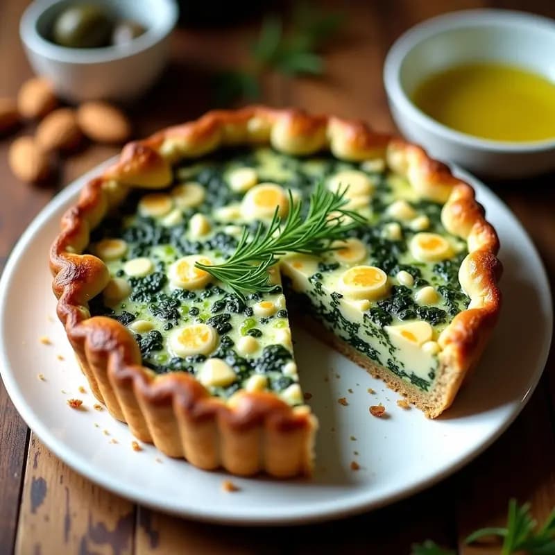 Torte de espinacas y feta de almendras keto sin masa, con base dorada de almendras y relleno esponjoso verde y blanco, servida en molde rústico con hierbas frescas.