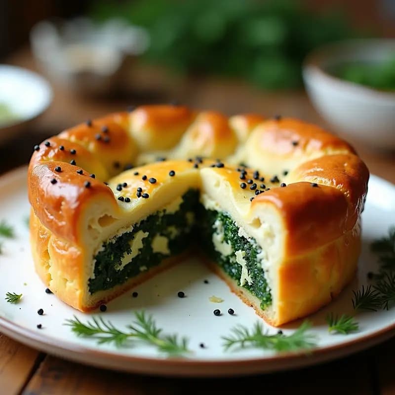 Torte de espinacas y queso feta en hojaldre integral doradas, con capas visibles de masa crujiente y relleno verde cremoso, servidas en una bandeja de madera con semillas de sésamo. Receta griega en Airfryer.