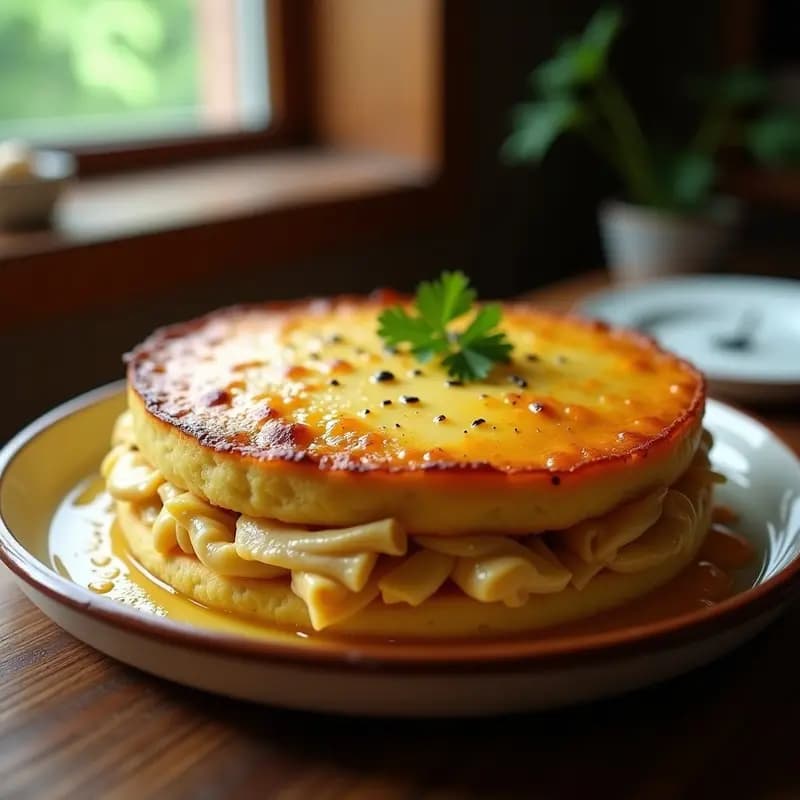 Torte de frango com catupiry en olla lenta, capas doradas de masa esponjosa con relleno cremoso de pollo y catupiry, servido en plato rústico con perejil fresco.