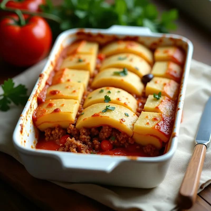 Torte de papa argentina vegana con carne de soja texturizada, cortado en porciones cuadradas, mostrando capas doradas de papa y un relleno jugoso de soja con tomate y aceitunas. Servido en molde rectangular de cerámica blanca sobre fondo rústico de madera.