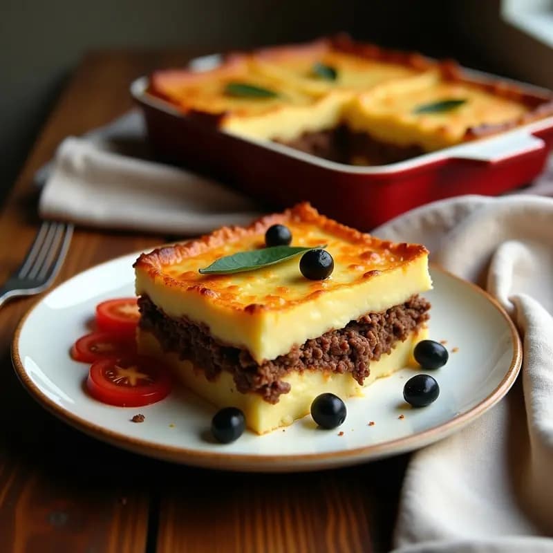 Torte de Papa con Carne de Res y Aceitunas: plato tradicional argentino en capas, con puré de papa cremoso, carne jugosa con aceitunas y queso provoleta gratinado dorado en la superficie, servido en molde rectangular de cerámica.