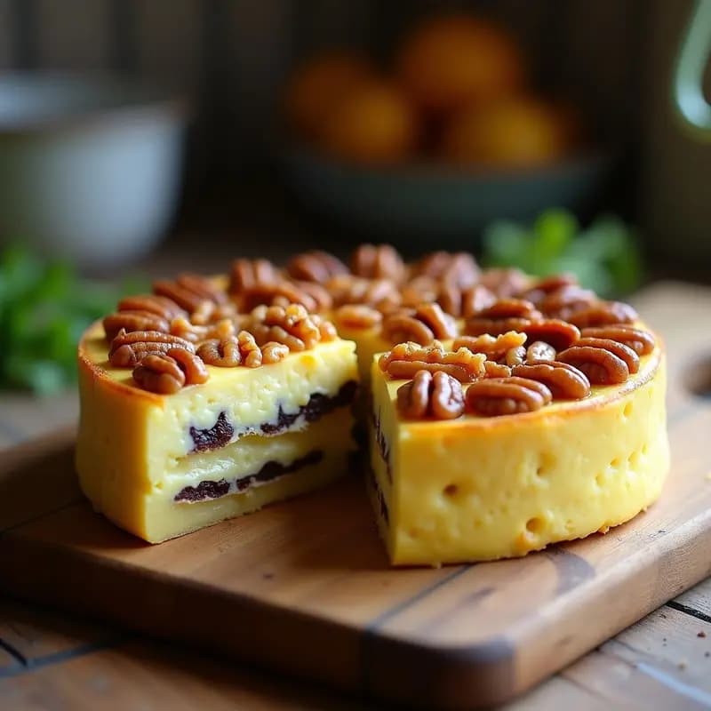 Torte de Papa Peruano con Queso Azul y Walnuts en molde dorado, cortado en porción para mostrar capas de puré de papa amarilla, relleno cremoso de queso azul y topping crujiente de walnuts caramelizadas, servido en plato rústico con fondo de madera.