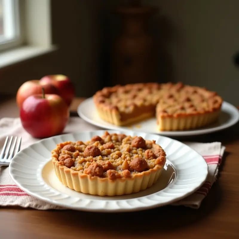 Torte de Pommes Anna francés recién horneado, con capas doradas de manzanas laminadas en espiral, caramelizadas con azúcar moreno y canela, sobre un plato de cerámica blanca con detalles dorados.