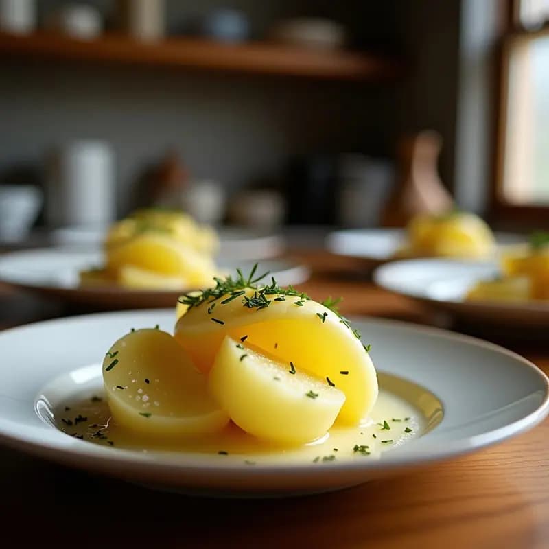 Torte de Pommes Anna dorado y crujiente en una sartén de hierro, con capas visibles de patatas finas y mantequilla, servido en porciones triangulares sobre un plato de cerámica blanca.