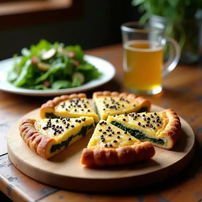 Torte alemana de queso y espinacas con masa de centeno dorada, cortada en porción con relleno cremoso verde y queso gratinado, servida en plato rústico de barro con fondo de ensalada fresca.