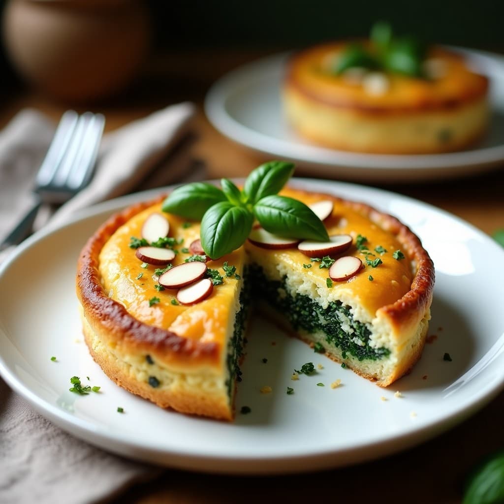 Torte italiano dorado con base crujiente de coliflor, relleno cremoso de ricota y espinacas, decorado con almendras fileteadas y hojas de albahaca fresca sobre un plato de cerámica blanca.