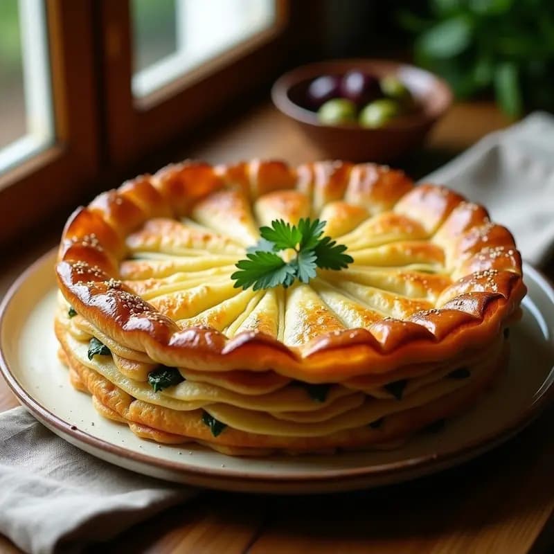 Torte de ricota y espinacas con masa filo dorada y crujiente, servido en molde redondo con semillas de sésamo tostadas en la superficie, corto en porciones triangulares sobre tabla de madera rústica.