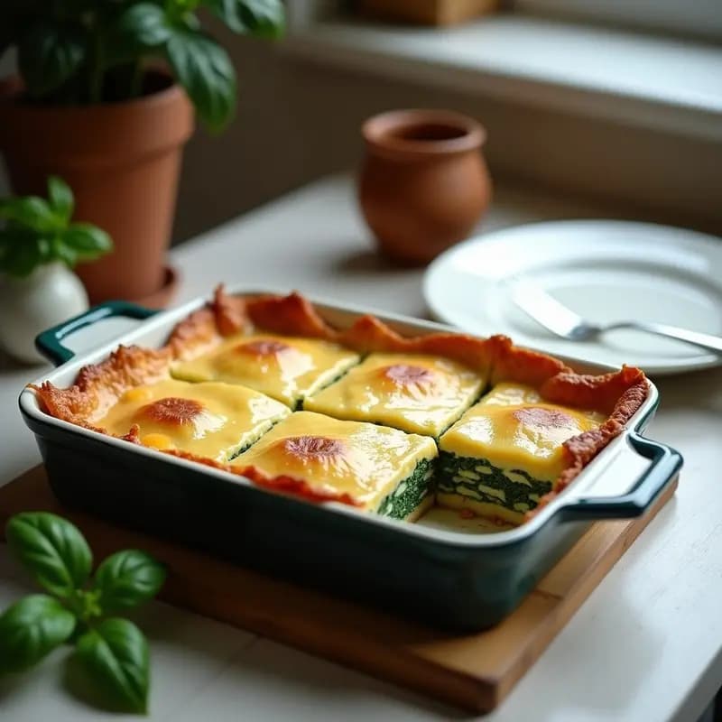 Torte de Ricota y Espinacas sin pasta, lasagna alemana horneada en molde rectangular con capas de berenjena, calabacín, ricota cremosa y queso feta, decorada con albahaca fresca.