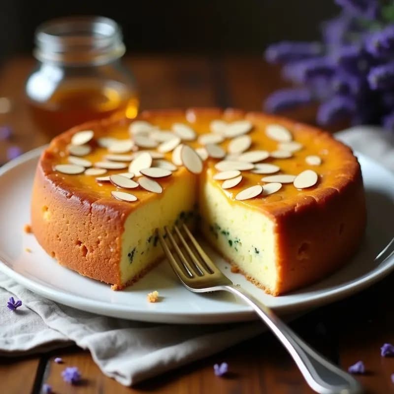 Torte de ricotta y calabacín sin gluten con miel de lavanda, postre italiano cremoso y dorado, decorado con almendras fileteadas y un hilo de miel aromática sobre fondo rústico.