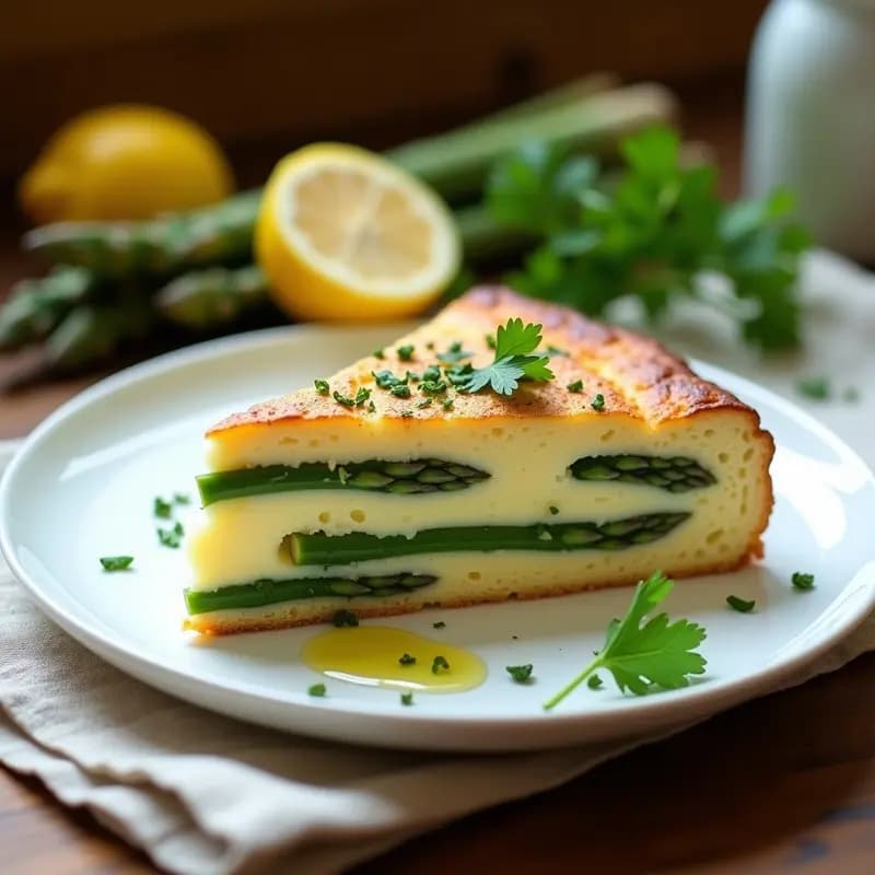 Torte de ricotta y espárragos horneada en molde redondo, con superficie dorada y trozos de espárragos verdes visibles. Desayuno italiano alto en proteína y sin azúcar, servido en plato blanco con hierbas frescas.