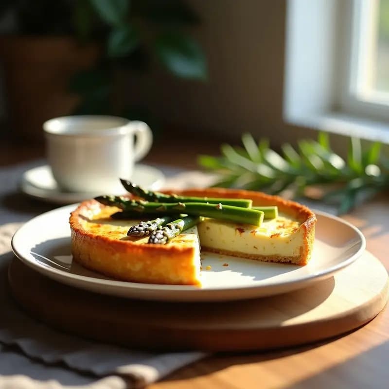 Torte de ricotta y espárragos con base de almendra dorada, desayuno italiano sin gluten, servida en plato blanco con puntas de espárrago asomando y decorada con cebollino picado y hilo de aceite de oliva.