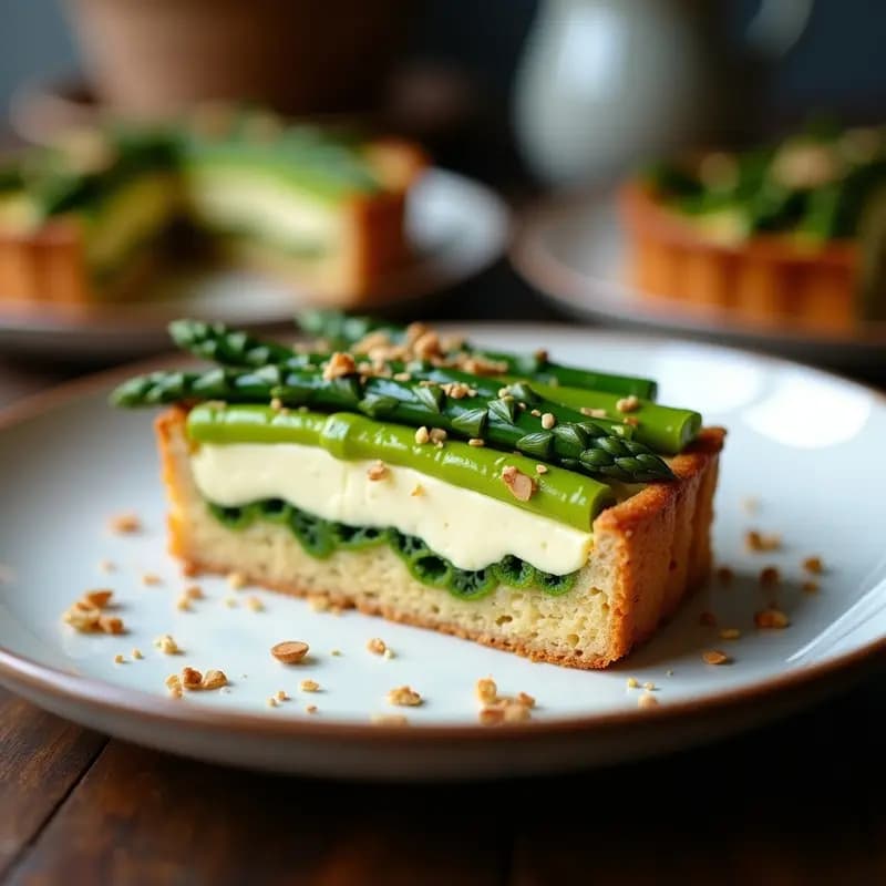 Torte de ricotta y espárragos con base dorada de almendra, decorada con espárragos verdes salteados en espiral y semillas de sésamo tostadas, sobre un plato blanco rústico con fondo de madera oscura.