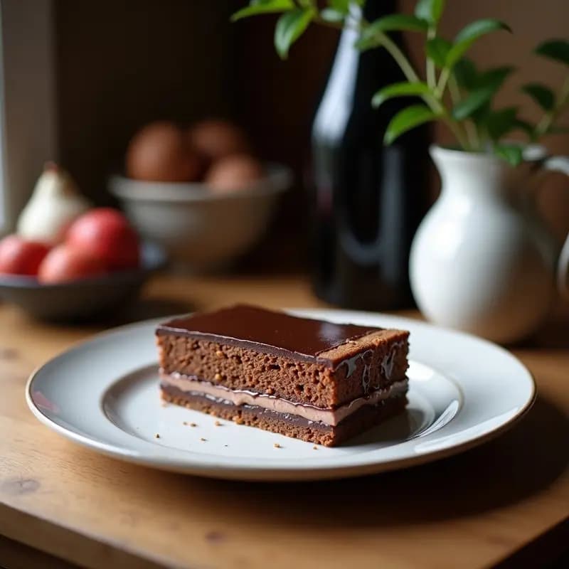 Torte Sachert austriaca clásica sin lactosa con cobertura brillante de chocolate amargo 90%, capas de bizcocho húmedo y mermelada de albaricoque, servida en plato blanco sobre mantel rústico.