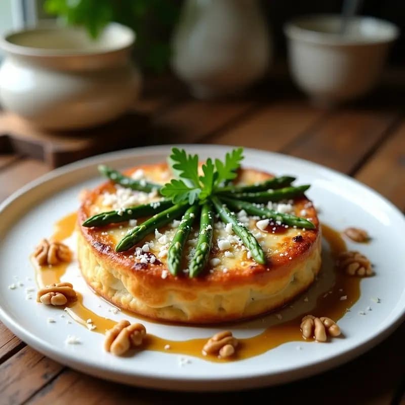 Plato blanco con tortel de ricotta y espárragos dorados al horno, bañados en salsa de nueces cremosa y decorados con puntas de espárragos y perejil fresco. Receta tradicional argentina.