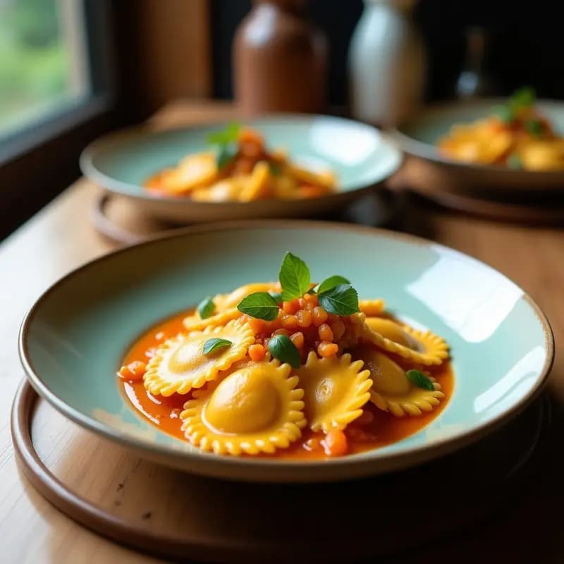 Plato blanco con tortelli de calabaza y amaranto veganos y sin gluten, bañados en aceite de oliva y decorados con hojas de salvia frita y pimienta negra, fondo rústico de madera.