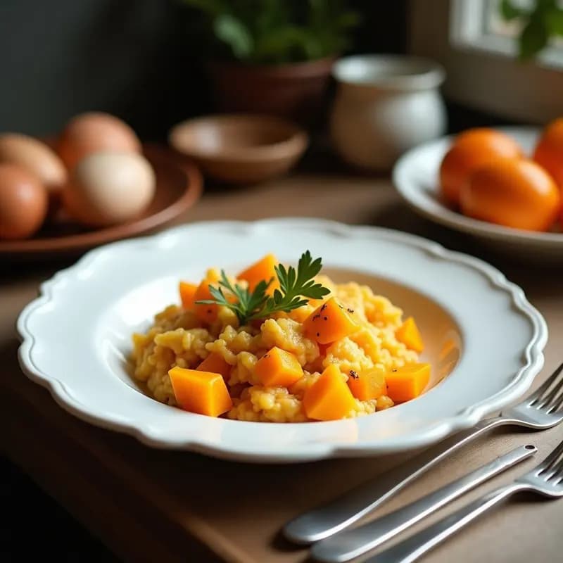 Plato blanco con tortelli di zucca al burro salato, raviolis italianos rellenos de calabaza moscatel con salsa cremosa de mantequilla salada, espolvoreados con queso pecorino rallado y decorados con hojas de perejil fresco.