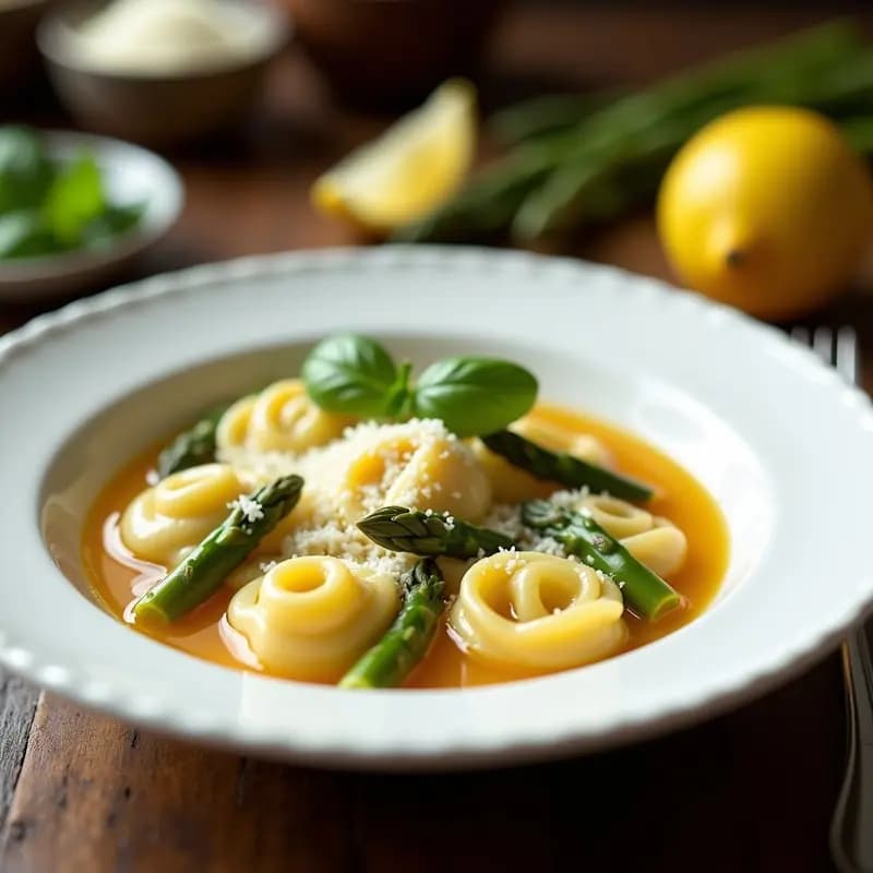 Plato hondo de porcelana blanca con tortellini en brodo, rellenos de espárragos y queso pecorino, bañados en un caldo dorado y aromático. Espolvoreados con queso pecorino rallado y decorados con ralladura de limón. Fondo borroso con hierbas frescas y un tenedor de plata.