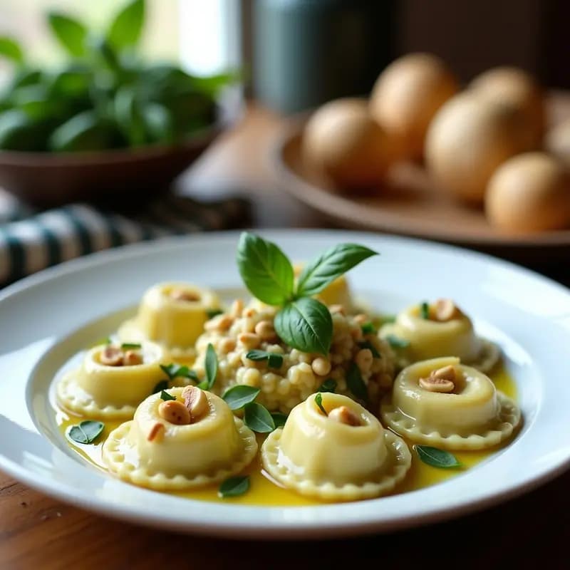 Plato blanco con tortellini de calabacín y ricotta keto, rellenos de crema de queso y piñones, cocinados en microondas, decorados con albahaca fresca y aceite de oliva.