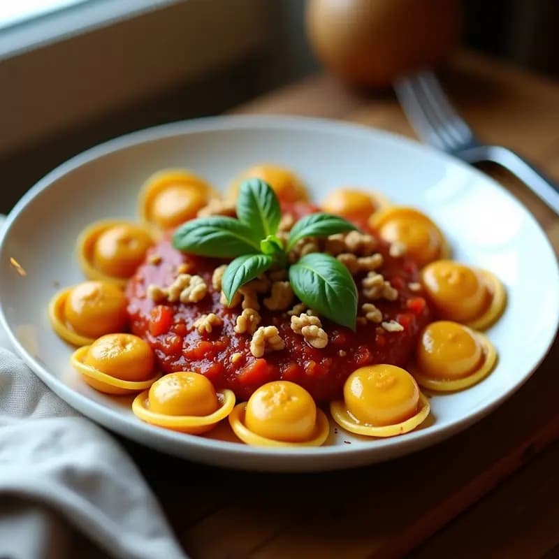 Plato blanco con tortellini de calabaza y amaranto veganos y sin gluten, bañados en salsa de tomate seco, decorados con albahaca fresca y nueces picadas.