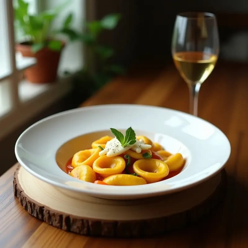 Plato blanco con tortellini veganos de calabaza y queso de castañas, bañados en salsa cremosa de ajo y albahaca, decorados con semillas de calabaza tostadas y hojas frescas de albahaca.