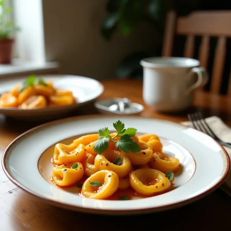 Plato blanco con tortellini de calabaza y queso ricotta dorados en airfryer, espolvoreados con parmesano y decorados con hojas de salvia fresca, receta italiana sin aceite.