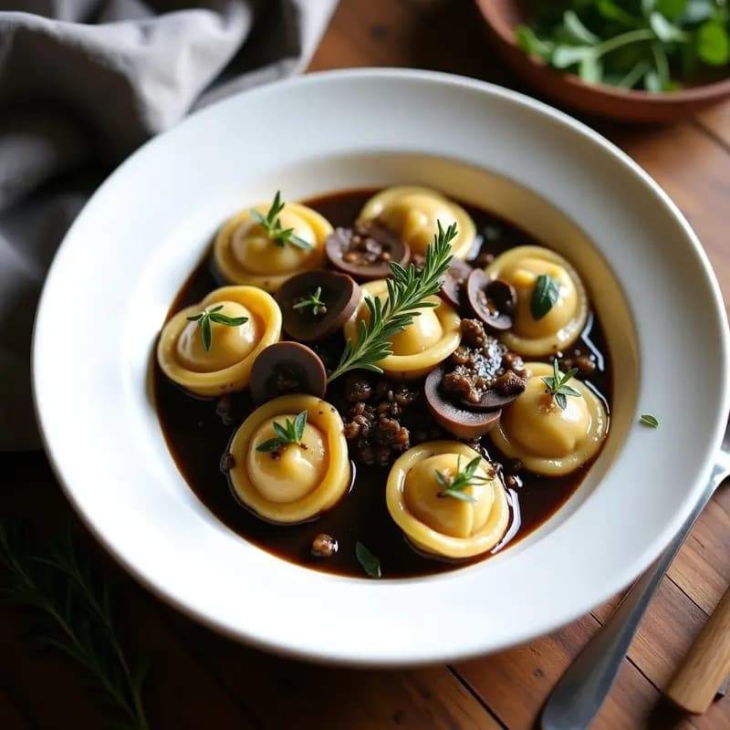 Plato blanco elegante con tortellini veganos rellenos de champiñones Portobello, bañados en crema de ajo negro sedosa, decorados con tomillo fresco y un hilo de aceite de trufa blanca, sobre fondo rústico de madera oscura.