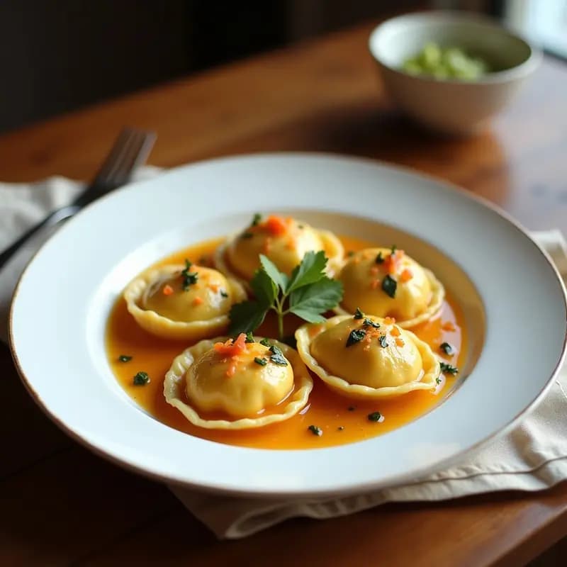 Plato blanco de porcelana con tortellini rellenos de ricotta y espárragos, bañados en reducción de vino blanco dorada, decorados con puntas de espárragos trigueros y hojas de salvia fresca. Fondo rústico con servilleta de lino.