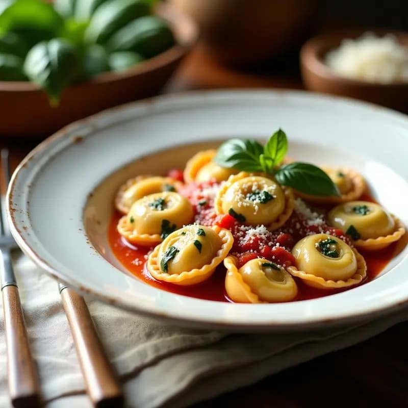 Plato blanco con tortellini rellenos de espinacas y queso ricotta, bañados en salsa de tomate natural y espolvoreados con queso parmesano rallado, sobre un mantel rústico de lino.