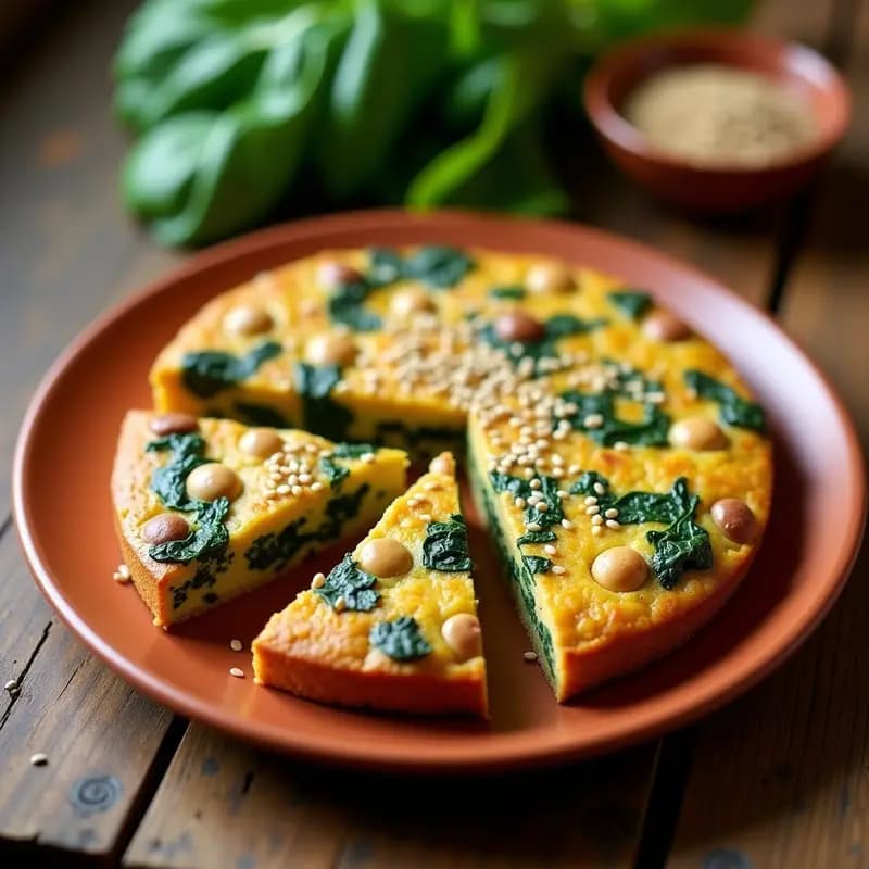 Tortilla dorada de acelgas y garbanzos con comino, cortada en porciones, sobre un plato de barro rústico. Se aprecian trozos de acelga verde, garbanzos enteros y semillas de sésamo espolvoreadas por encima. Receta andaluza vegana alta en fibra.